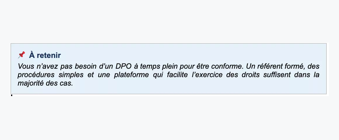 Encadré conseil RGPD expliquant qu’un organisateur d’événement n’a pas toujours besoin d’un DPO à temps plein pour être conforme.