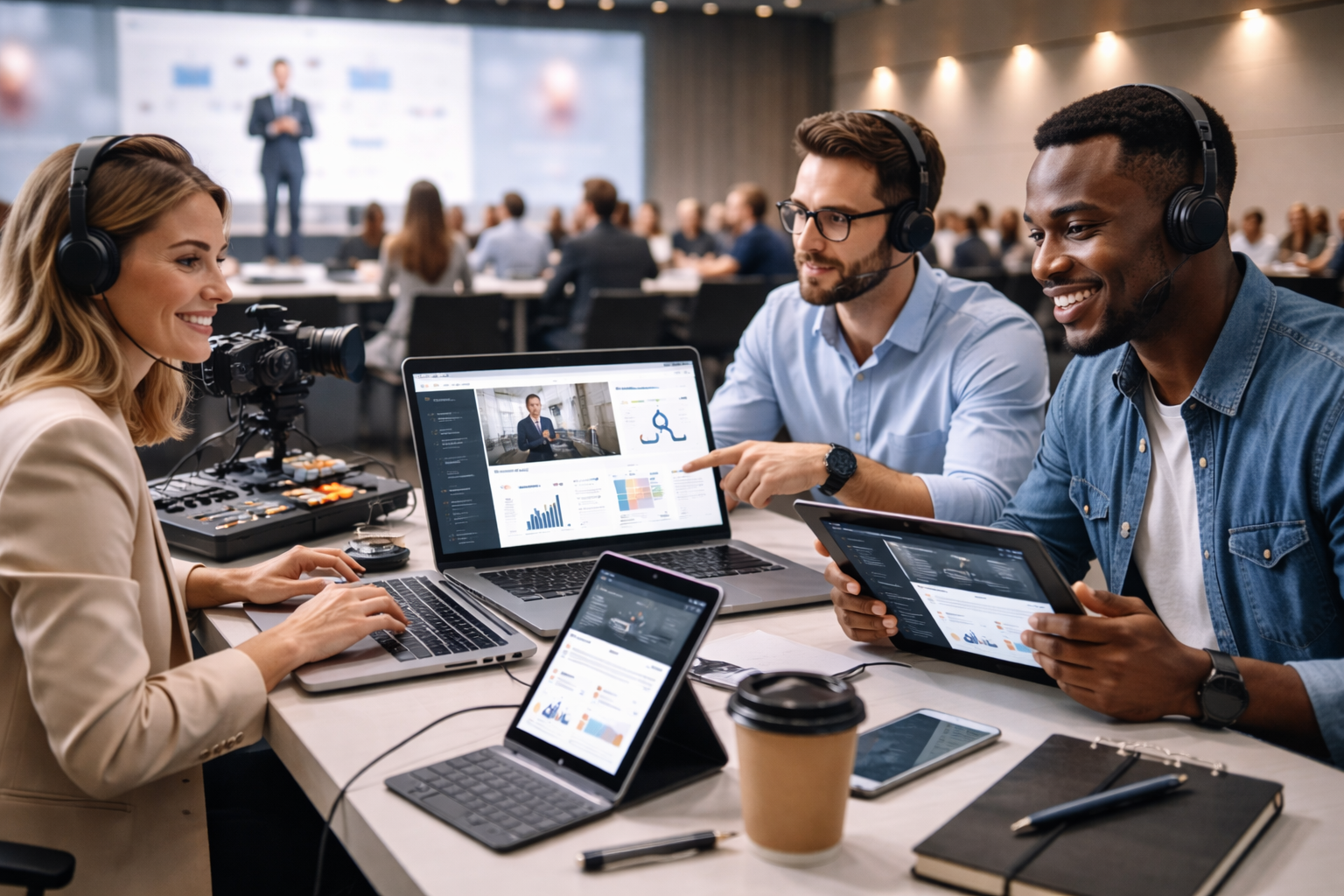 Équipe organisant un événement hybride avec gestion simultanée du présentiel et du streaming en direct sur plusieurs écrans