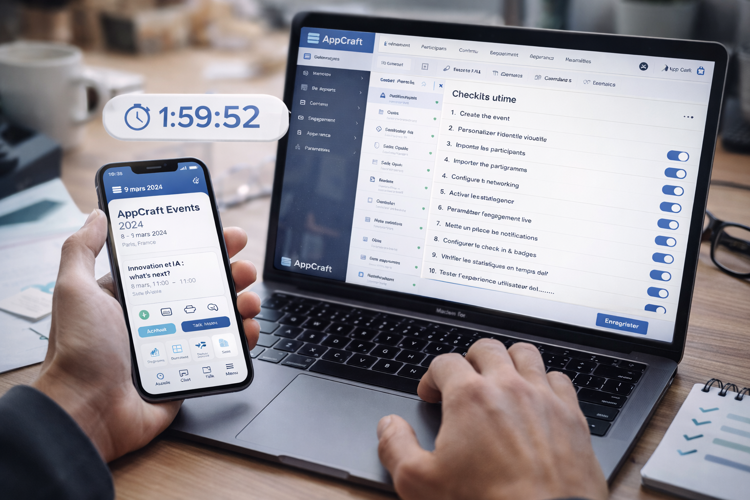 Freelance Event Manager configurant une application mobile événementielle AppCraft sur ordinateur portable et smartphone en moins de deux heures.