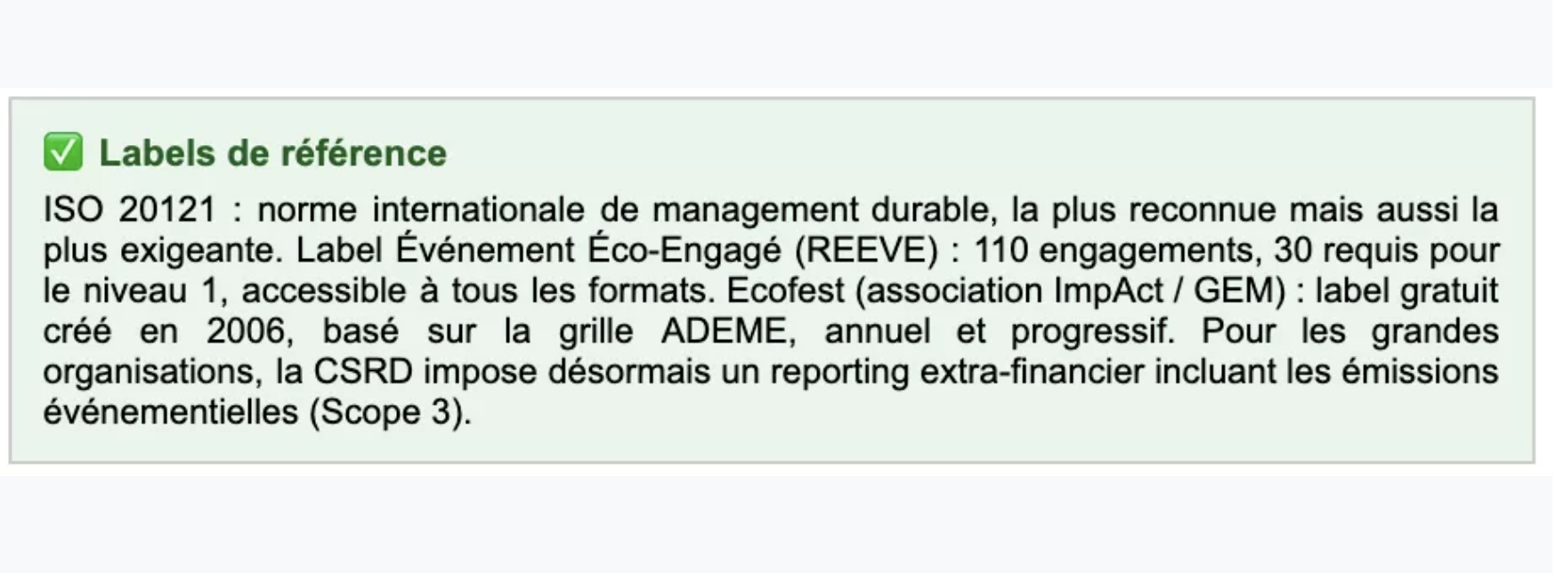 Labels événement éco-responsable : ISO 20121, REEVE, Ecofest et CSRD pour réduire l’impact carbone des événements professionnels.