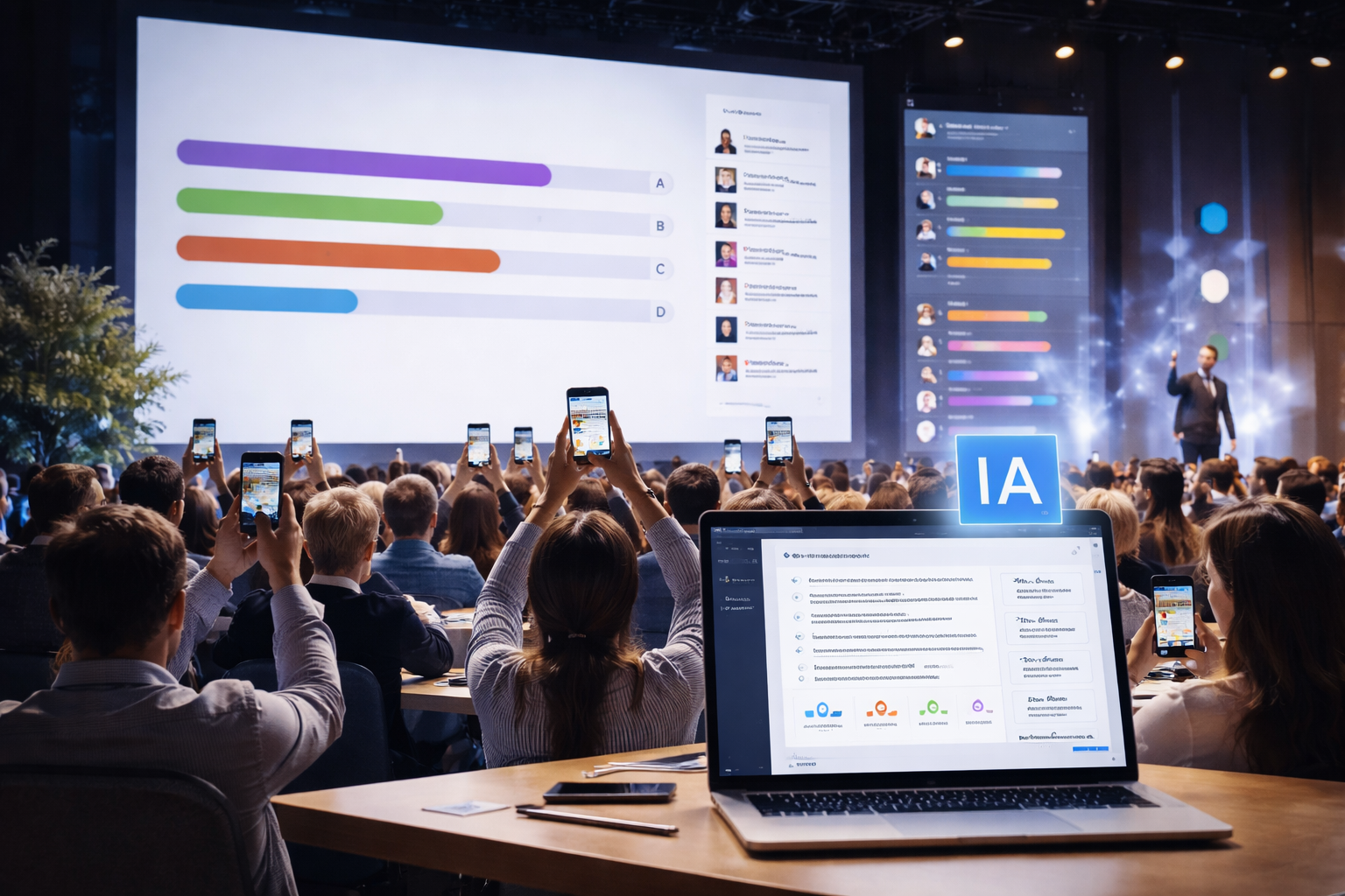 Participants utilisant leur smartphone lors d’un quiz interactif en conférence avec interface digitale et intelligence artificielle pour l’engagement événementiel