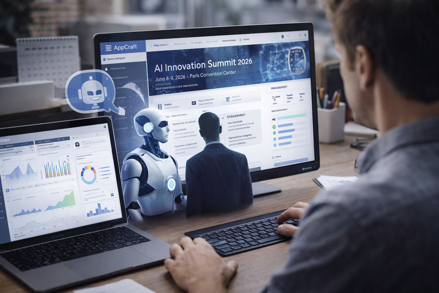 Chef de projet événementiel indépendant analysant des données d’intelligence artificielle sur une plateforme événementielle en 2026.