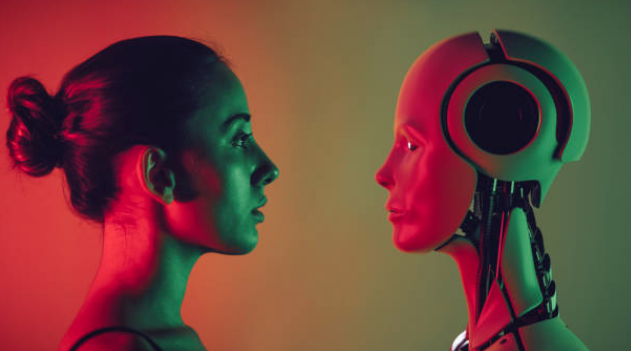 Portrait face à face entre une femme et un robot humanoïde, illustrant la collaboration entre humain et intelligence artificielle dans l’événementiel et la transformation des métiers.