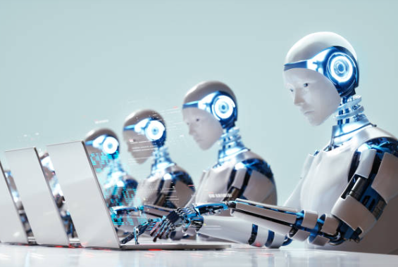 Illustration de robots utilisant un ordinateur pour générer automatiquement un site web, symbolisant l’automatisation et la création rapide de sites événementiels grâce à l’intelligence artificielle.