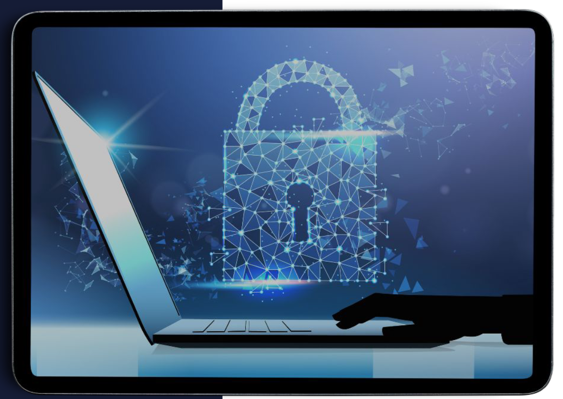 Illustration of a laptop displaying a digital padlock made up of a network of light points, symbolizing cybersecurity, encryption, and data protection on the AppCraft platform.