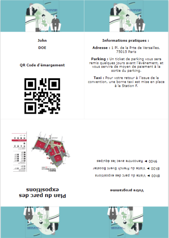 L'interfaccia Asset Hub mostra un badge dell'evento con codice QR per la registrazione, informazioni pratiche e mappa del parco espositivo.