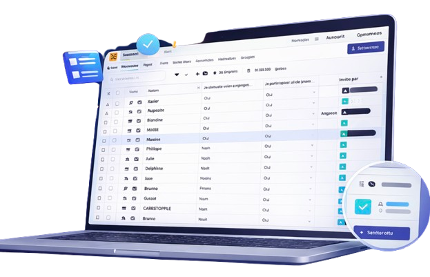 AppCraft participant management table with data tracking, statuses, and event information