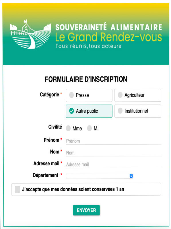 Registration form for the event "Food Sovereignty: The Big Meeting," displayed on a tablet, with selection of the category "Other audience" and fields for last name, first name, email, and department.
