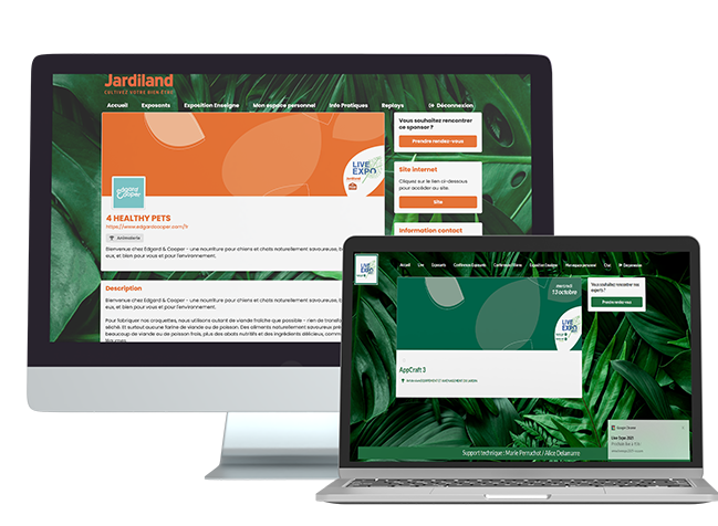 Desktop screen and laptop displaying the Jardiland Live Expo event platform: the monitor shows the exhibitor information sheet for networking.