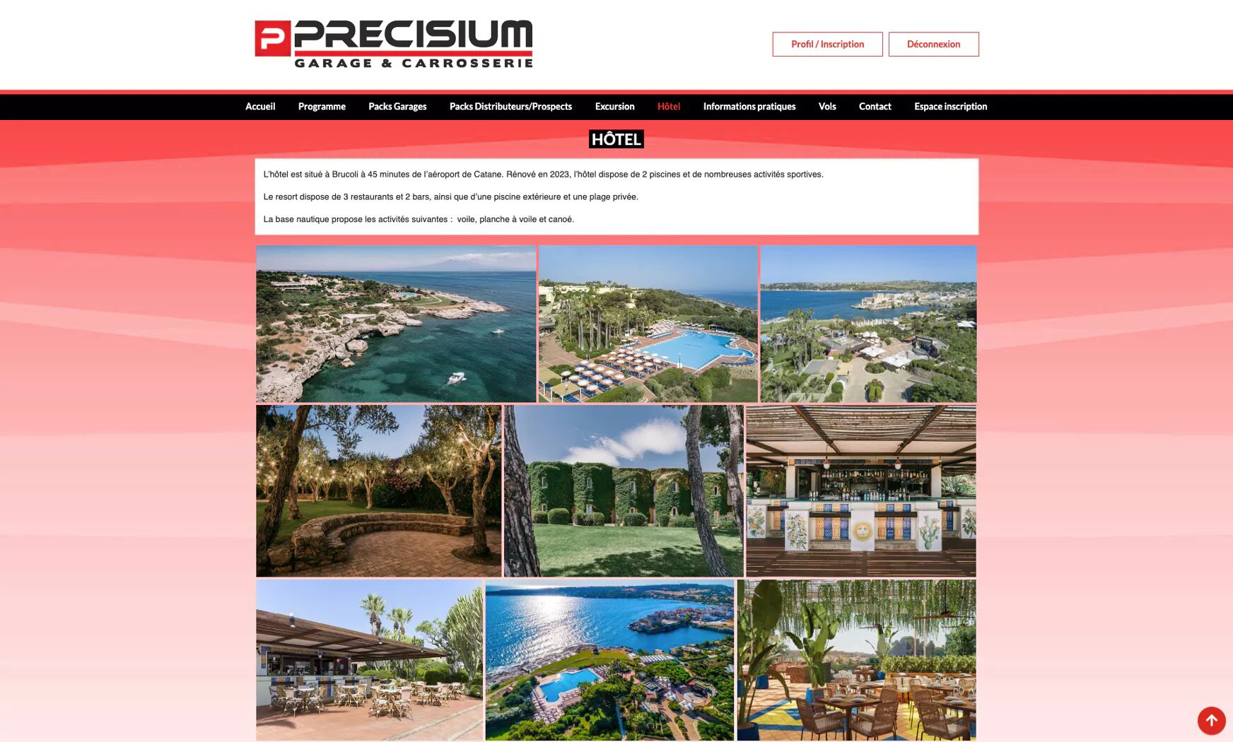 Page HÔTEL de la plateforme PRECISIUM pour un événement à Brocoti : photos du resort, de la piscine, de la plage privée et des jardins, avec informations sur les activités nautiques disponibles