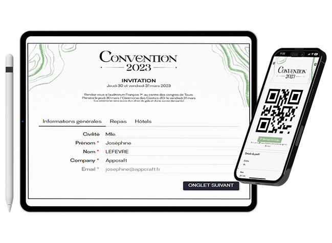 Interface AppCraft gestion centralisée et personnalisée des invitations événementielles avec QR code.